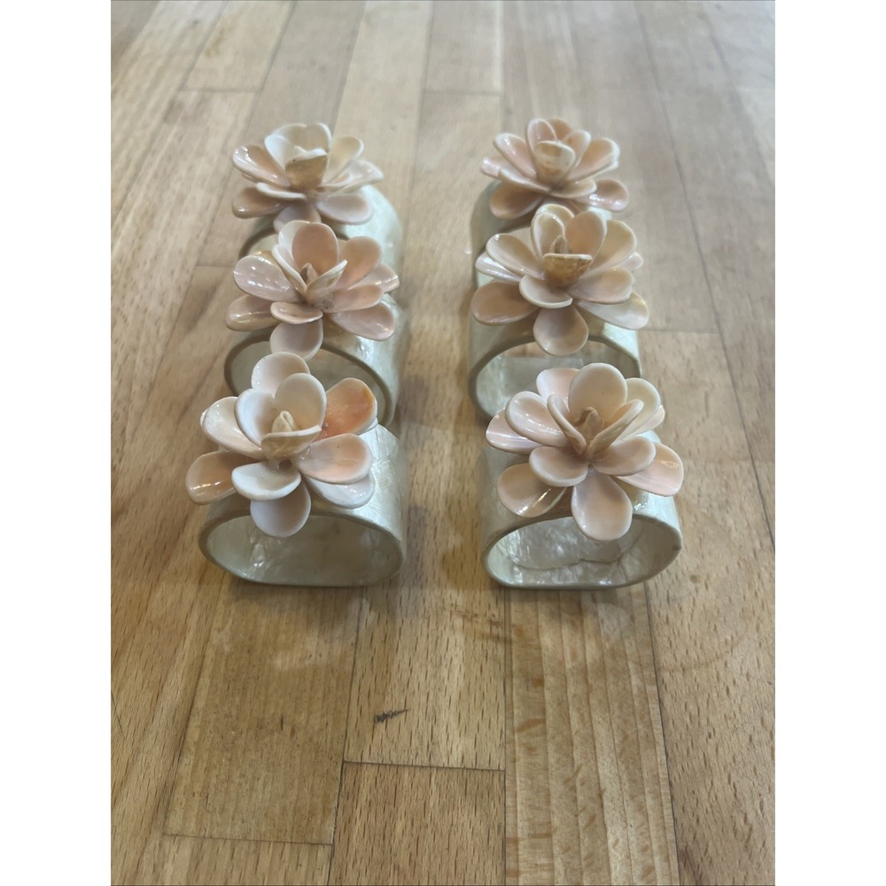 Vintage Capiz Shell Napkin Rings Pink/ Pearl Floral Design Set Of 6 Elegant